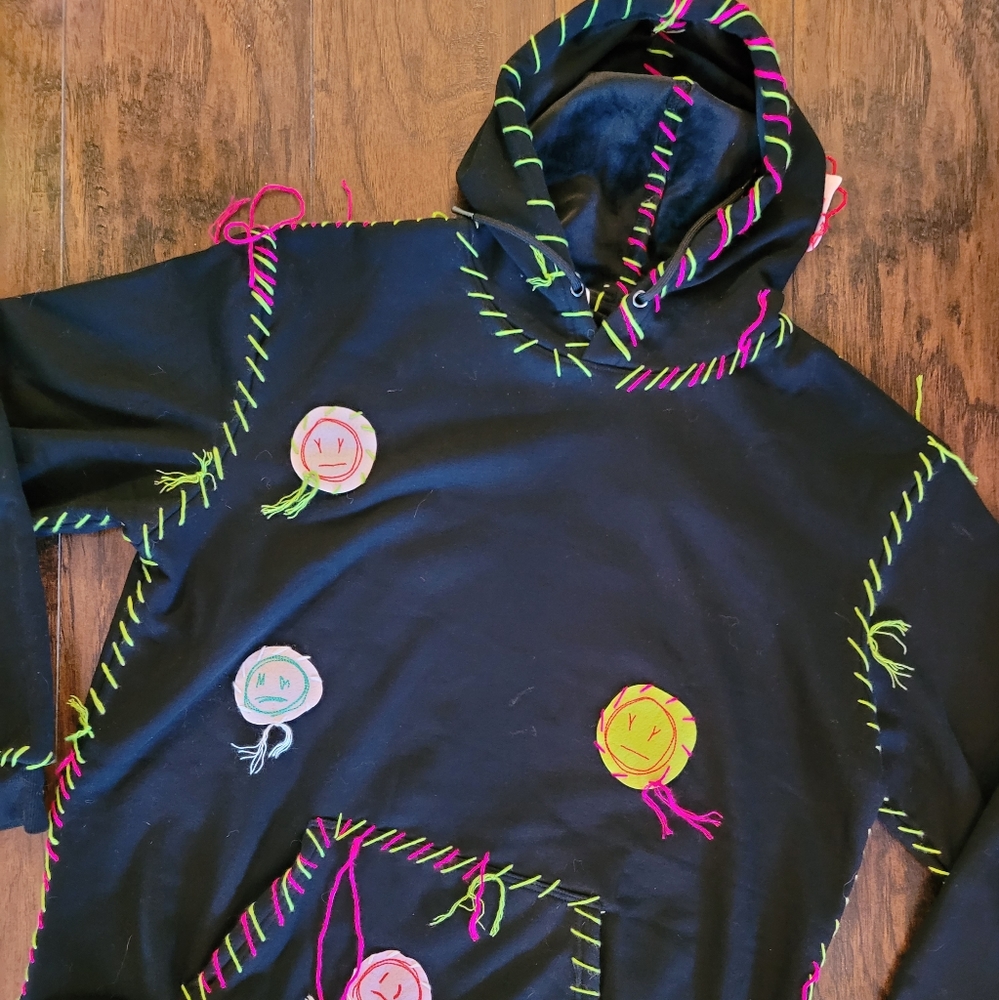 Super soft black neon top stitching raver sweatshirt hood hoodie